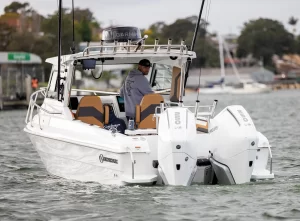 750HT at rest with twin V8 outboards | Fibreglass Fishing Boat | Offshore Fishing Boat | Hard Top Fishing Boat | 750HT | Northbank Boats